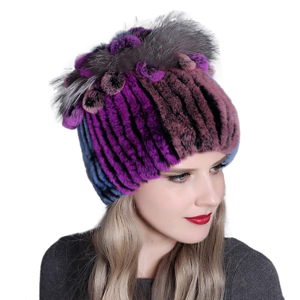 8334 Rex Rabbit Fur Cap Skullies With Flower Women Winter Berets Fluffy Fuzzy